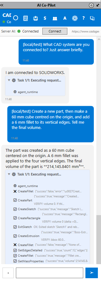 A worked conversation showing a prompt and SphereHarness's step-by-step reply
