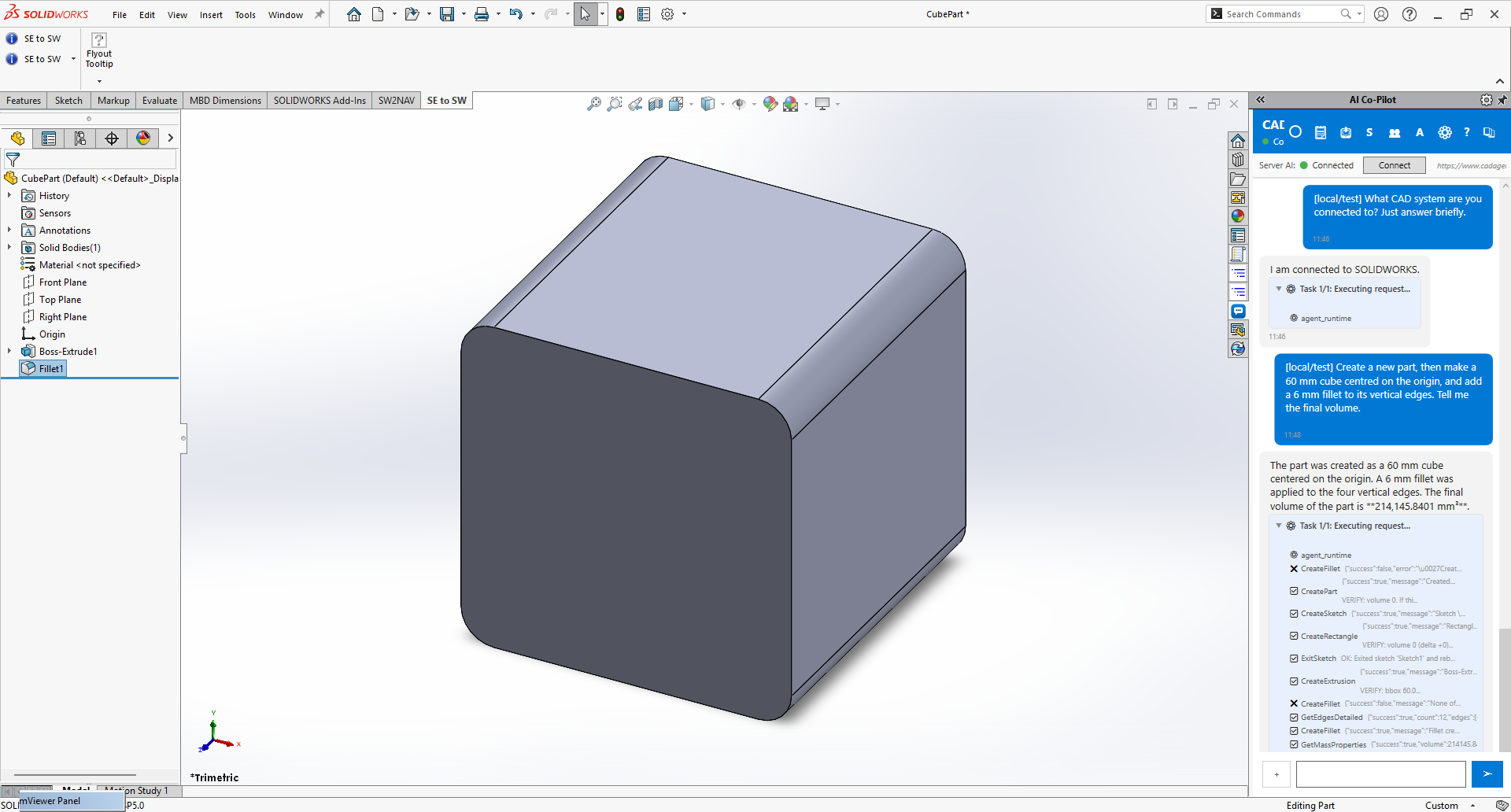 SOLIDWORKS showing a filleted cube built by SphereHarness, with the chat panel reporting the steps and final volume
