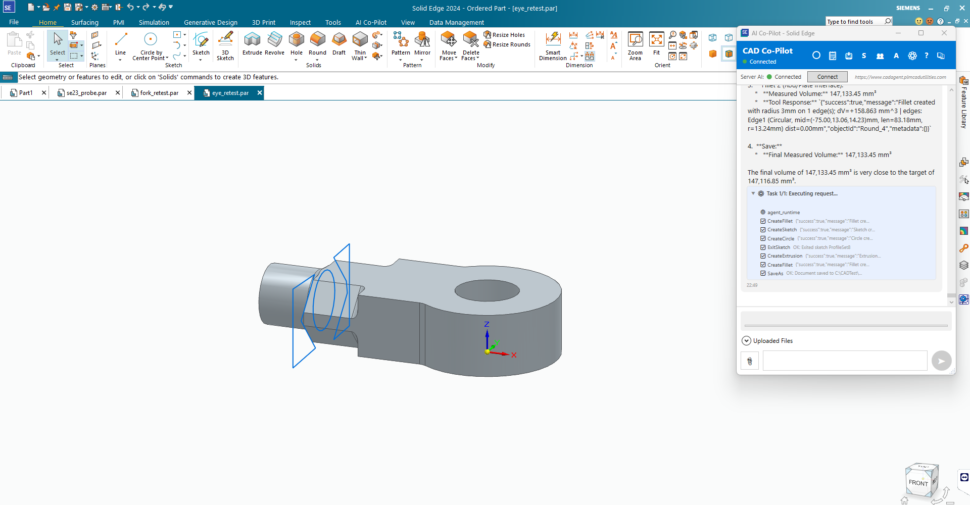 Solid Edge with the SphereHarness window open beside the model