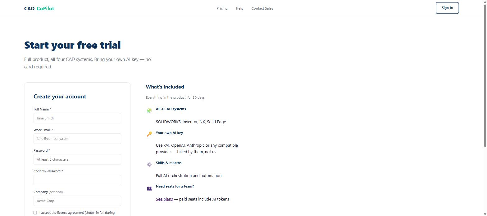 The SphereHarness trial sign-up form asking for name, work email, password and company