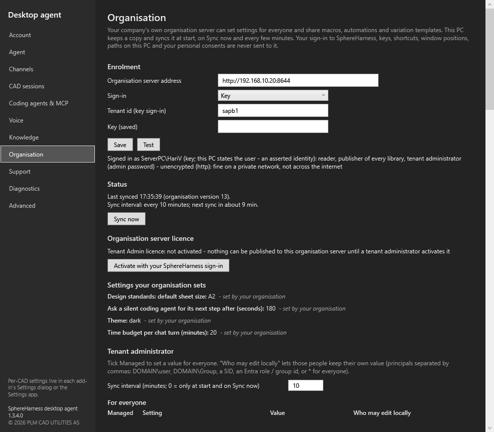 Settings, Organisation page: the Organisation server licence block with the Activate with your SphereHarness sign-in button
