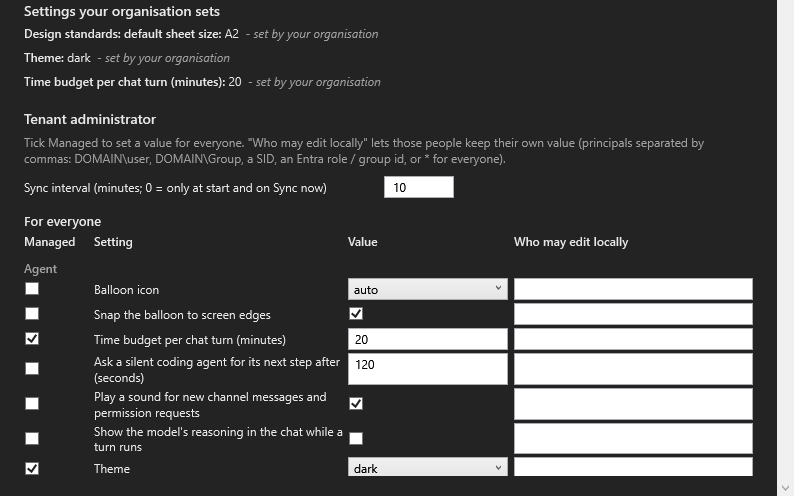For everyone section with Theme, turn budget and default sheet size ticked as Managed, and the sync interval box