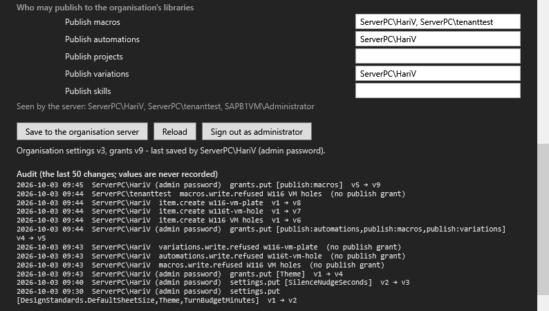Audit list with who changed settings and published items, and the version change of each