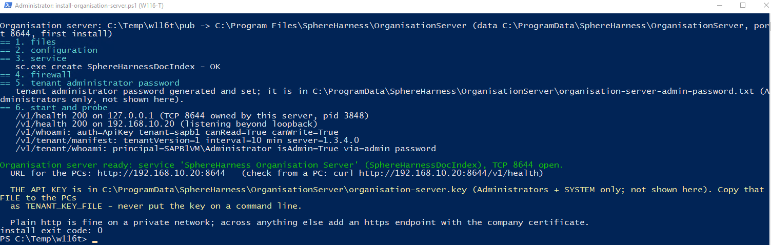 The end of the install script's output: service running, health check OK, whoami answered