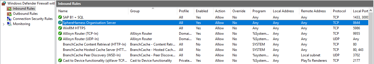 Windows Defender Firewall inbound rules with the SphereHarness Organisation Server rule allowing TCP port 8644