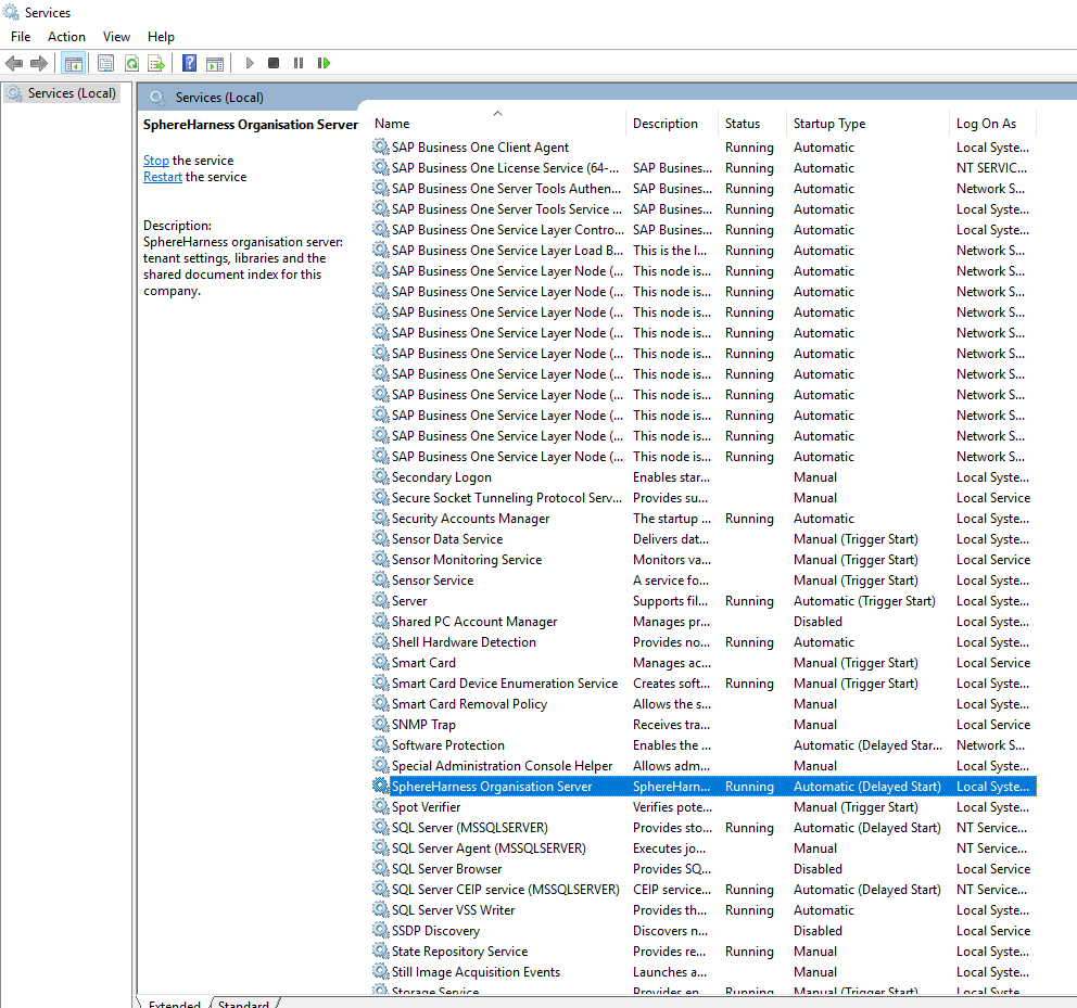 Windows Services console on the server with SphereHarness Organisation Server Running, startup type Automatic (Delayed Start)