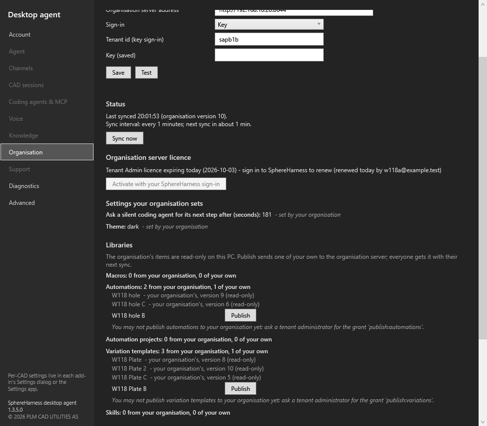 The library picker on a user's PC listing the organisation's macro with the badge organisation