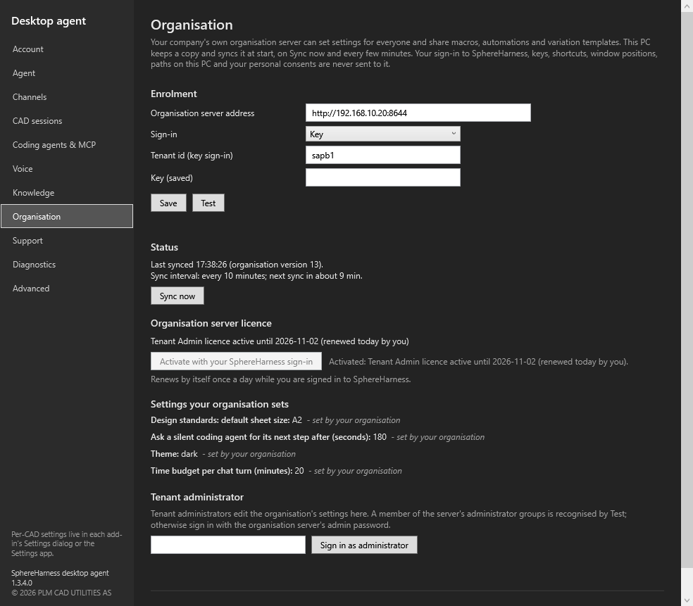 Organisation server licence block: active until a date, renewed today by you, and the line Renews by itself once a day while you are signed in to SphereHarness