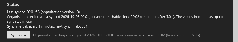 Status line: last synced time and server unreachable since a later time, with the reason