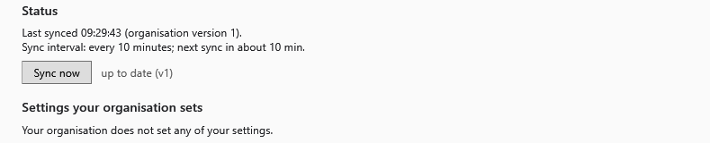 Organisation status: last synced time, tenant version, sync interval and the Sync now button