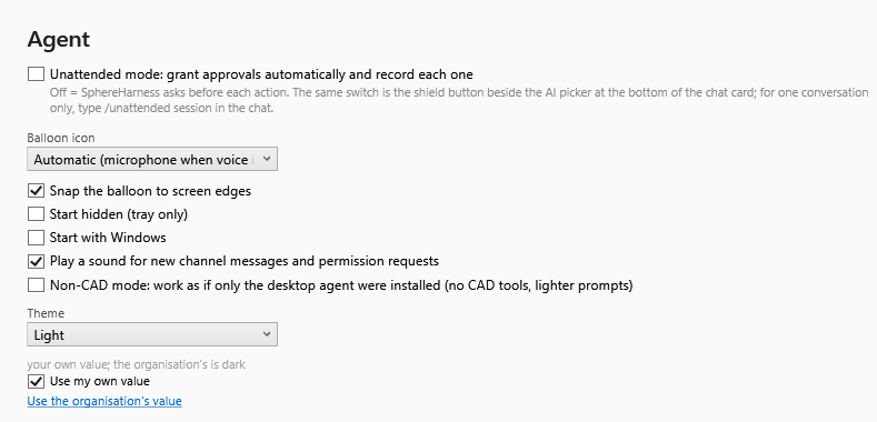 A granted setting with Use my own value ticked and the organisation's value shown beside it