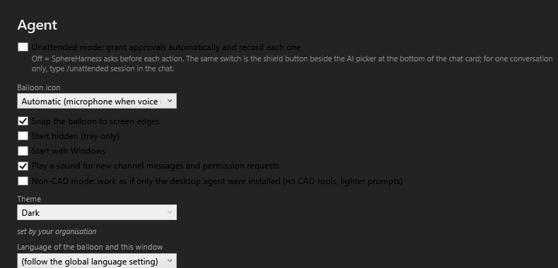 A user's Settings page with the Theme setting greyed and the badge set by your organisation
