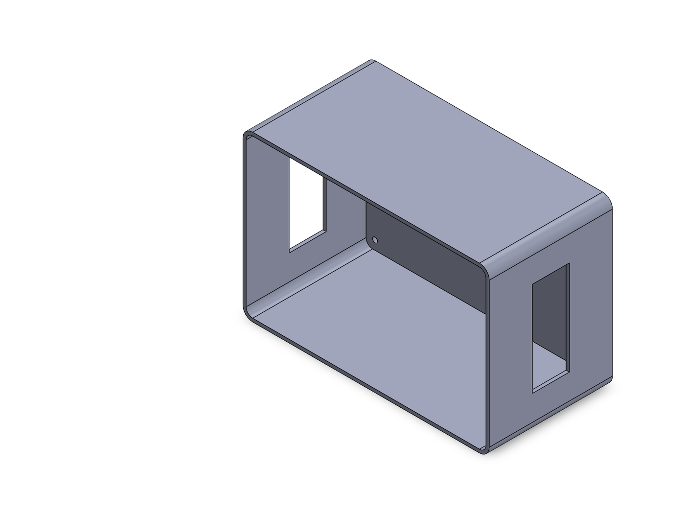 Isometric view of the ruggedised aluminium box with a through handle cut-out on one end face