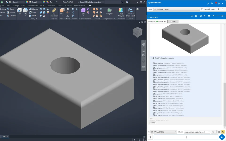 Inventor with an 80 x 50 x 20 mm block with a hole and rounded edges, and the SphereHarness chat beside it showing the finished request, its picture of the part and the CAD operations it ran