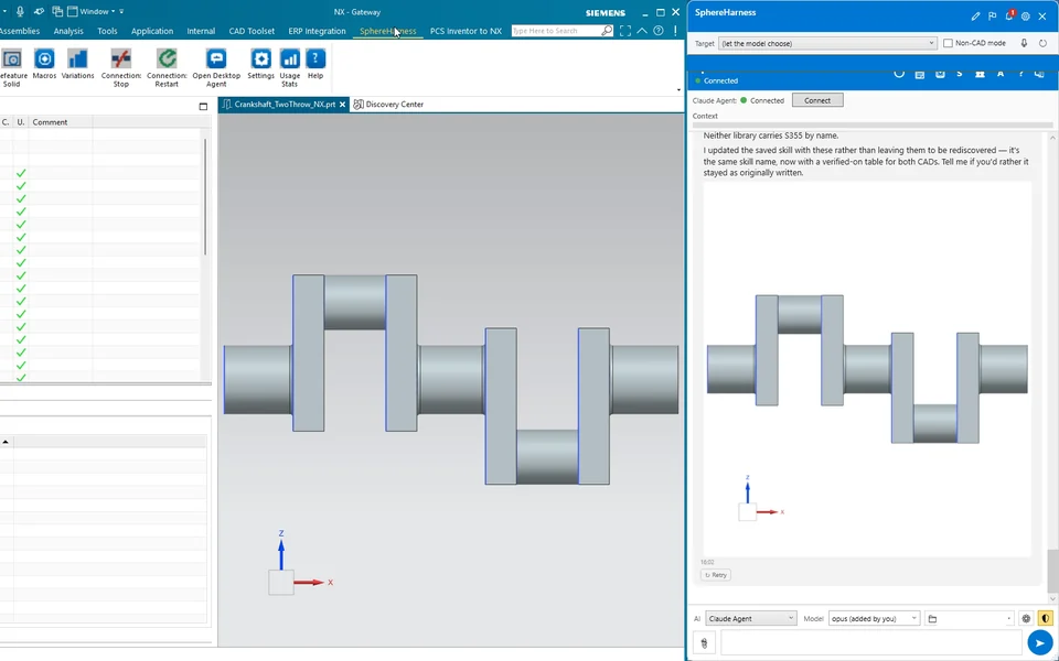 NX with a two-throw crankshaft, and the SphereHarness chat beside it showing its answer and a picture of the same part
