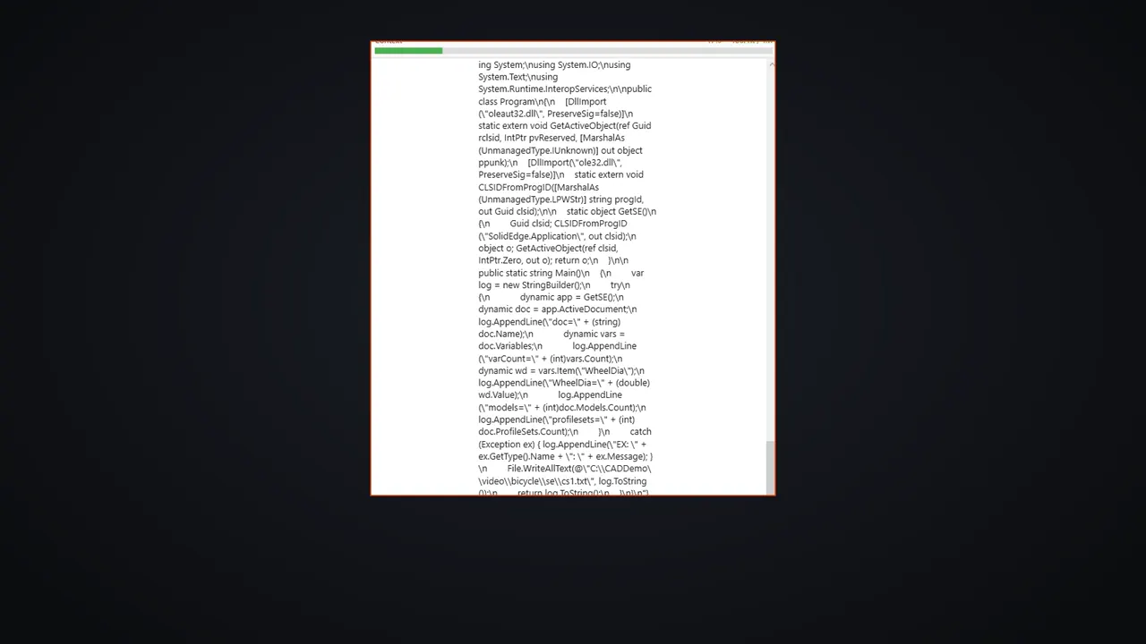 The C# macro SphereHarness wrote against the Solid Edge API, shown in the chat