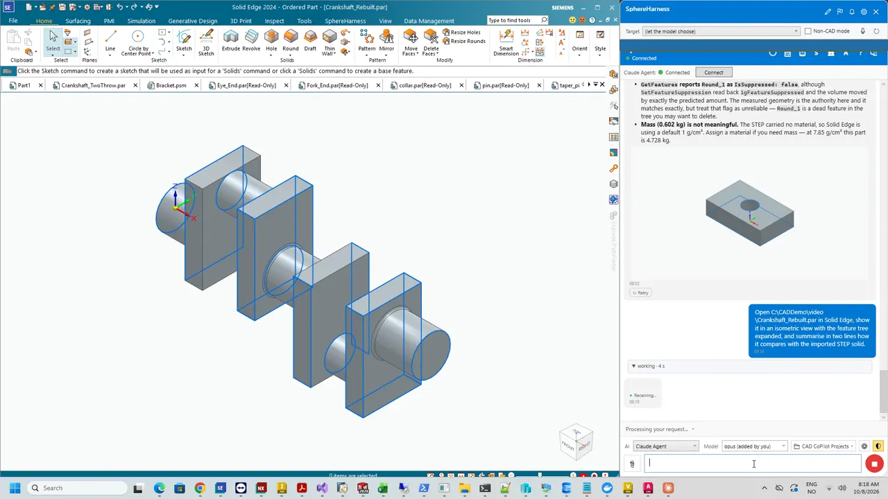 Solid Edge with the rebuilt crankshaft and the comparison table: one dumb body before, 16 extrusions and one round after