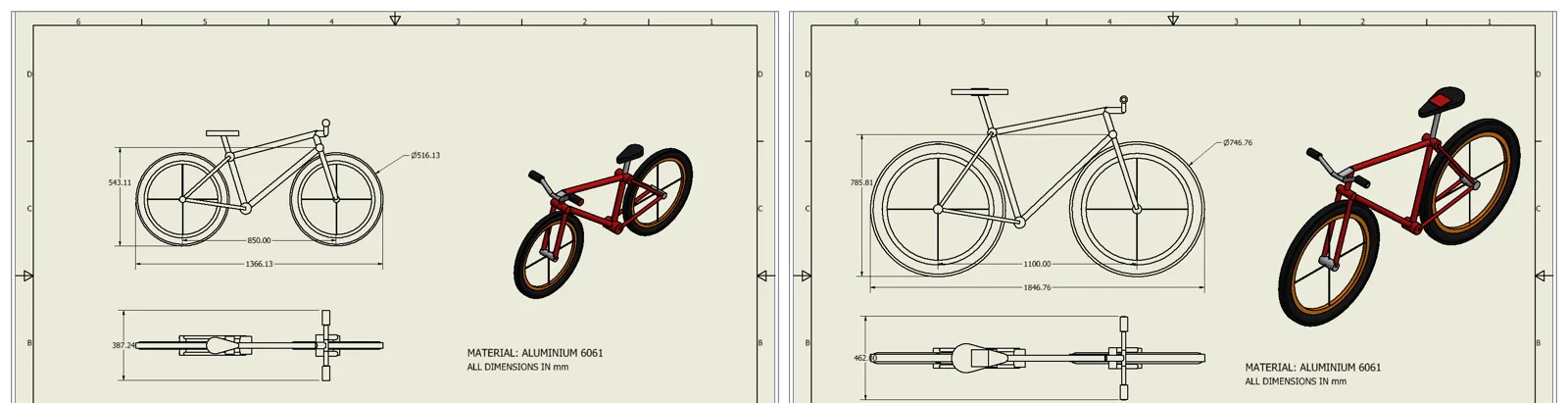 Inventor drawings of the Kids and the XL bicycle side by side, with their dimensions